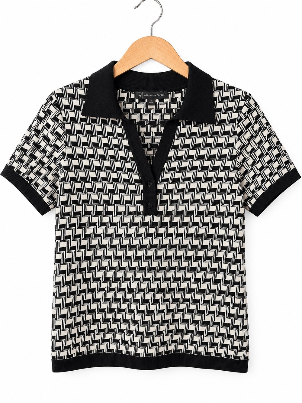 Adrianna Papell Black Cream Geometric Knit Polo Top Medium Mod Preppy Classic